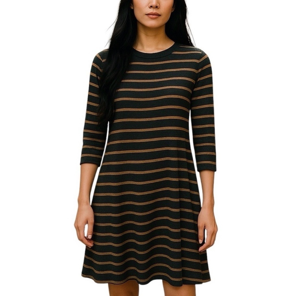 LOFT Black and Tan Striped Swing Wool Blend Sweater Dress S